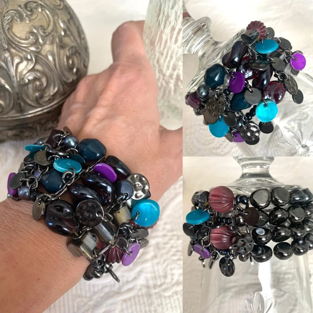 Women’s Hematite Abalone Shell statement bracelet purple aqua Black charm beads